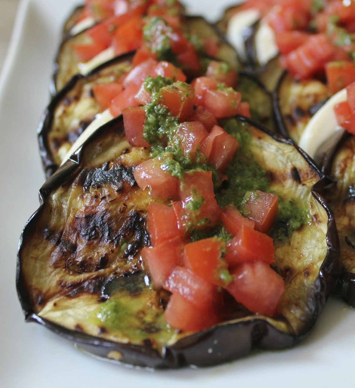Grilled Eggplant with Fresh Mozzarella, Tomatoes and Basil Vinaigrette