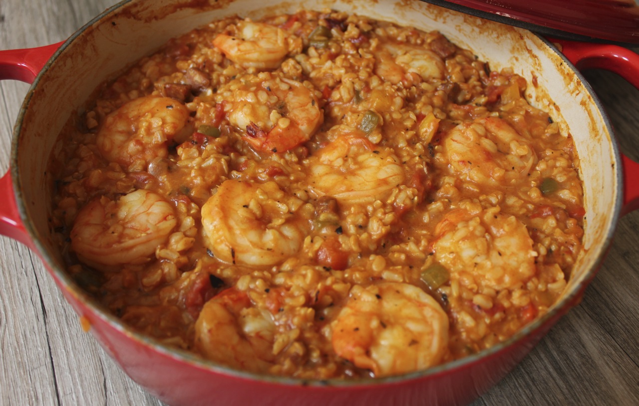 Brown Rice Jambalaya with Shrimp, Chicken Sausage and Bell Peppers