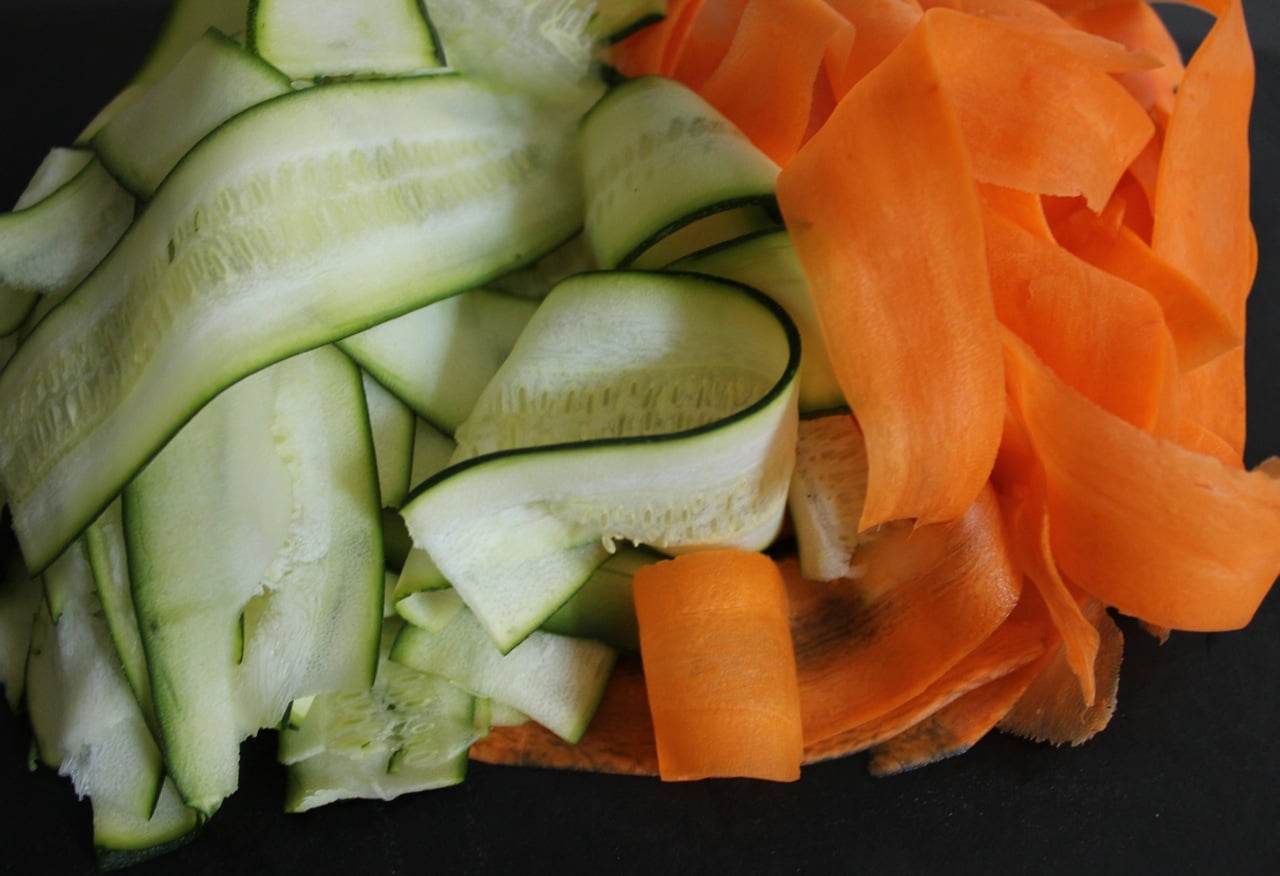 Shaved Zucchini and Carrots with Toasted Almonds and Goat Cheese
