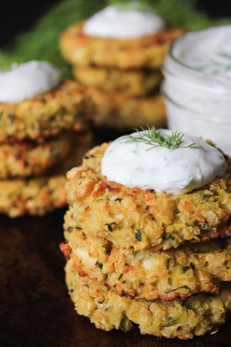 Crispy Baked ZucchiniQuinoa Cakes with Dill Yogurt Sauce Domesticate ME!