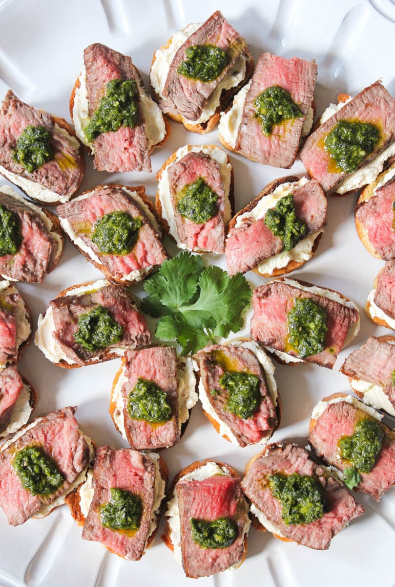 Beef Tenderloin Crostini with Whipped Goat Cheese and